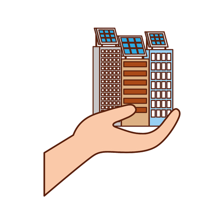 green energy hand holding building solar panel vector illustrationのイラスト素材