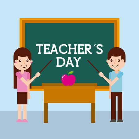 Teacher day greeting girl and boy apple desk vector illustrationのイラスト素材