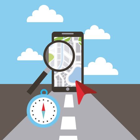 smartphone maginifer compass navigation road concept vector illustrationのイラスト素材