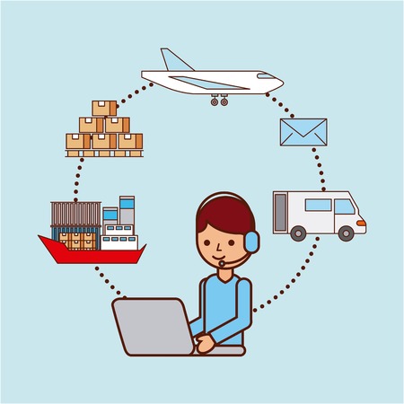 worker with laptop logistic delivery shipping boat plane truck box email vector illustrationのイラスト素材