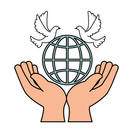 hands human with dove of peace and planet vector illustration designのイラスト素材