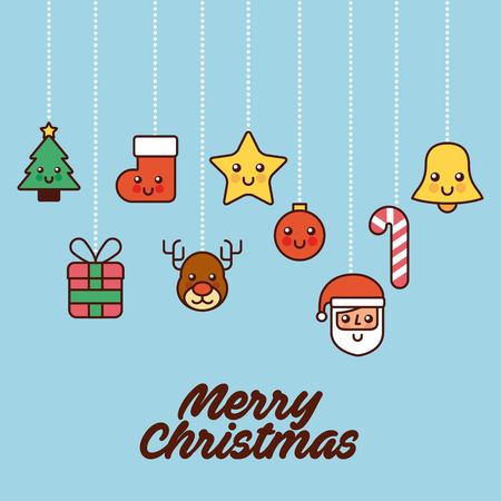 A merry christmas card greeting tree gift santa bell star hanging decoration vector illustrationのイラスト素材