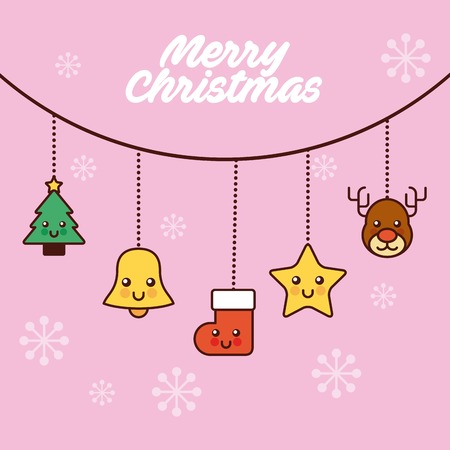 merry christmas decoration garland with bell tree star boot deer vector illustrationのイラスト素材
