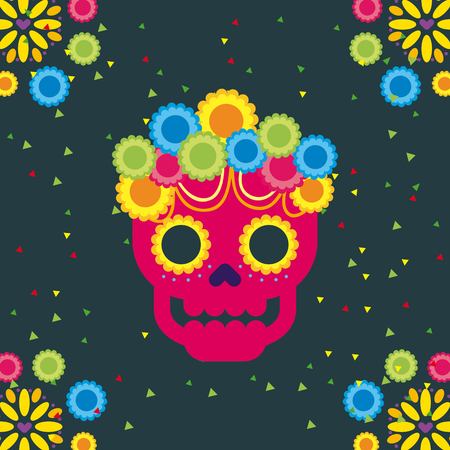 day of the dead skull with floral ornament dark background vector illustrationのイラスト素材