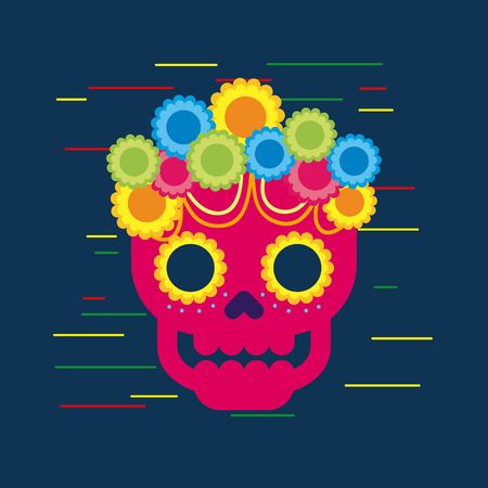 day of the dead skull with floral ornament blue background vector illustrationのイラスト素材