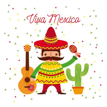 cartoon mexican man in a sombrero and poncho and maraca vector illustrationのイラスト素材