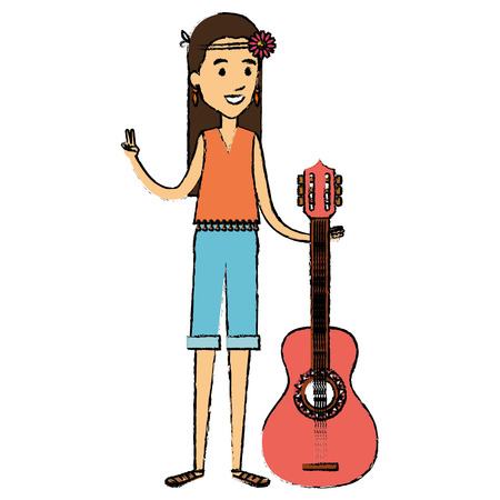 hippie woman playing guitar vector illustration designのイラスト素材