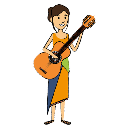 hippie woman playing guitar vector illustration designのイラスト素材