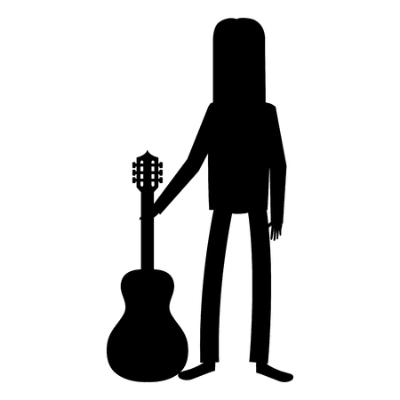hippie man with long hair playing guitar silhouette vector illustration designのイラスト素材