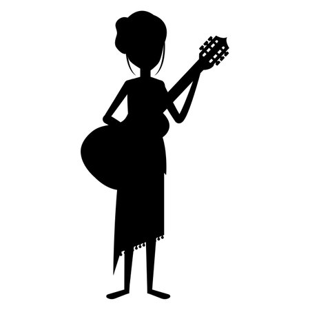 hippie woman playing guitar silhouette vector illustration designのイラスト素材