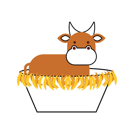 nativity cow in the wooden cradle manger vector illustrationのイラスト素材