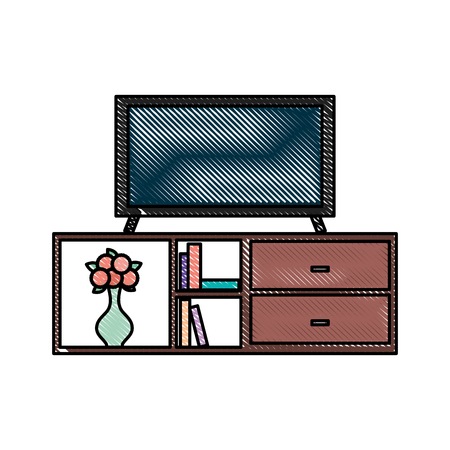 living room interior tv on stand library wooden book shelf flowers drawers vector illustrationのイラスト素材
