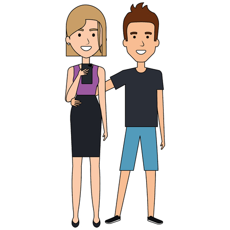 couple chatting with smartphone vector illustration designのイラスト素材