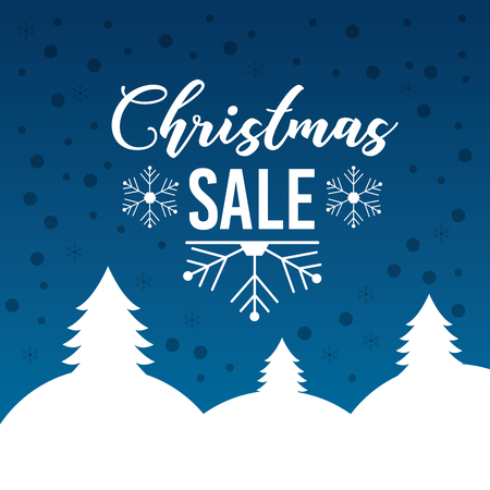 christmas sale poster lettering snow tree mountain blue background vector illustrationのイラスト素材
