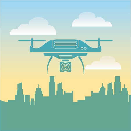drone on the city background with camera mechanism remote controlled vector illustrationのイラスト素材