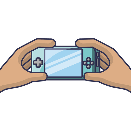 hands holding mobile game console gadget vector illustrationのイラスト素材