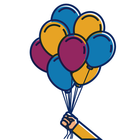 hand holds bunch of brightly helium balloons vector illustrationのイラスト素材