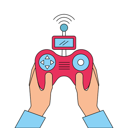 hands holding control remote advance for drones with screen vector illustrationのイラスト素材