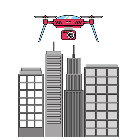 drone with camera flying on city landscape buildings vector illustrationのイラスト素材