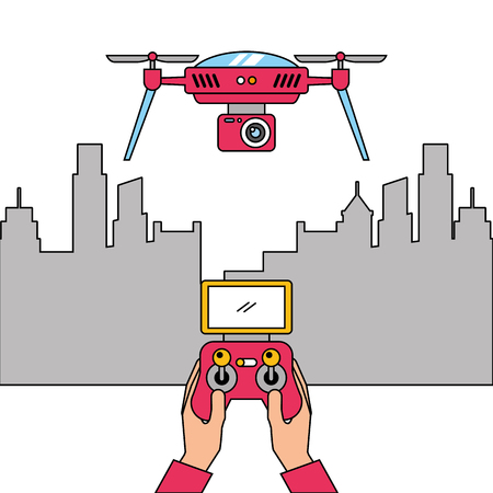 city landscape and people handle remote control with drone vector illustrationのイラスト素材