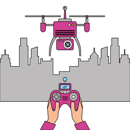 city landscape and people handle remote control with drone vector illustrationのイラスト素材