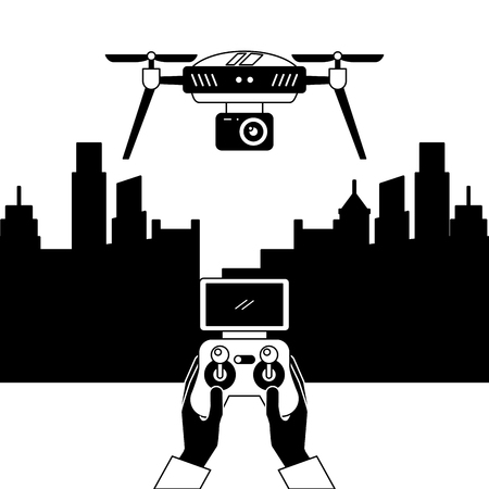 city landscape and people handle remote control with drone vector illustrationのイラスト素材