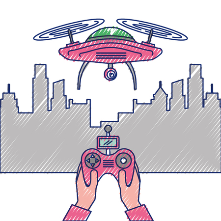 city landscape and people handle remote control with drone vector illustrationのイラスト素材