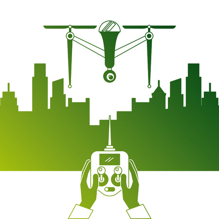 city landscape and people handle remote control with drone vector illustrationのイラスト素材