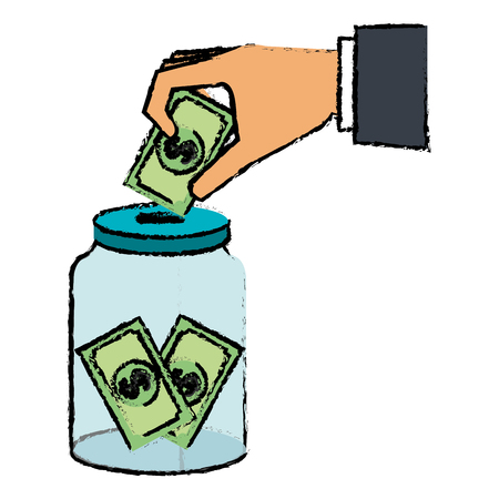 hand saver with glass jar and bills money vector illustration designのイラスト素材