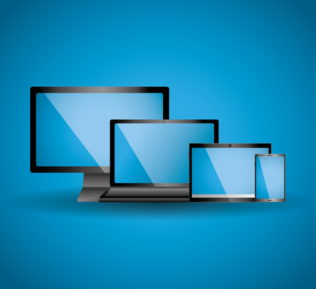 Set of display laptop tablet computer and mobile phone template with blue screen vector illustrationのイラスト素材