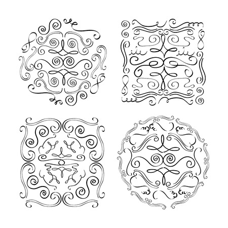 set of ornate vintage design elements with calligraphy swirls banners round square vector illustrationのイラスト素材