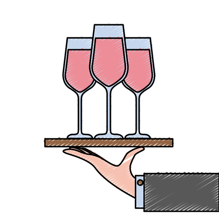 hand holding tray with champagne wine glasses service vector illustrationのイラスト素材