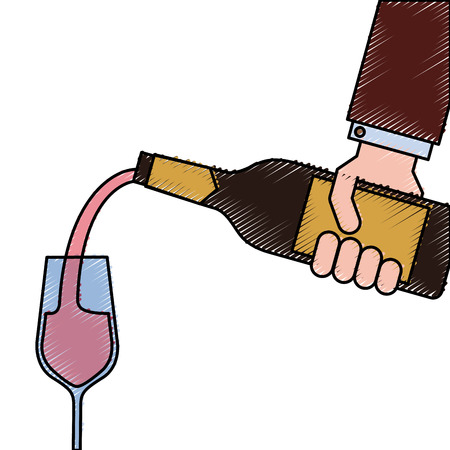 waiter hand holding a wine bottle and pouring glasses of wine vector illustrationのイラスト素材