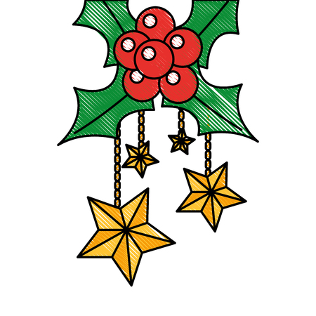 christmas ornaments with stars hanging and evergreen vector illustrationのイラスト素材