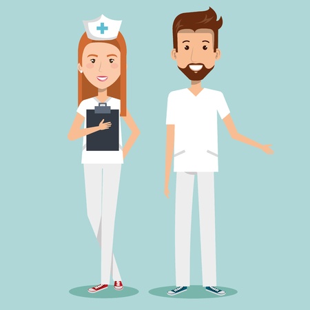 Man and woman nurses over blue background vector illustrationのイラスト素材