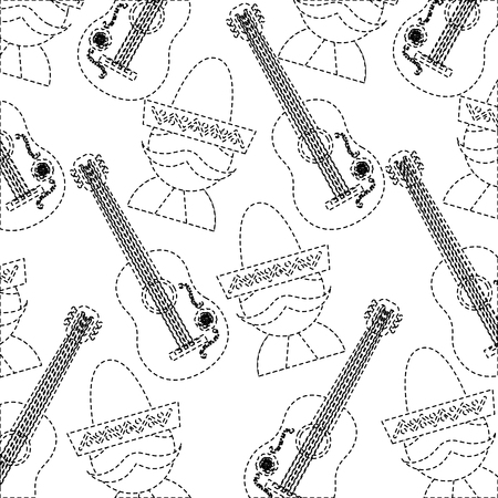 man with sombrero and guitar mexico culture pattern image vector illustration design  black dotted lineのイラスト素材