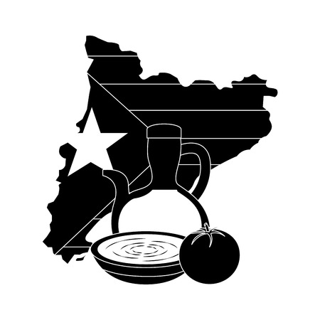 catalunya flag and country outline with olive oil tomato soup icon image vector illustration design  black and whiteのイラスト素材