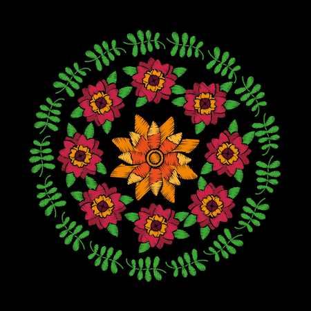 round flowers leaves arrengement embroidery design fashion dark background vector illustrationのイラスト素材