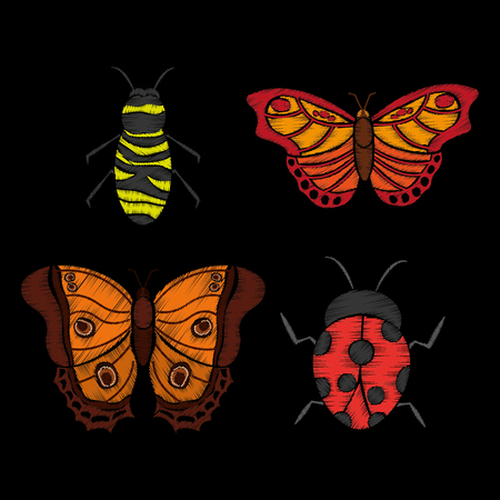 embroidery ladybug butterfly and bee textle design image vector illustrationのイラスト素材