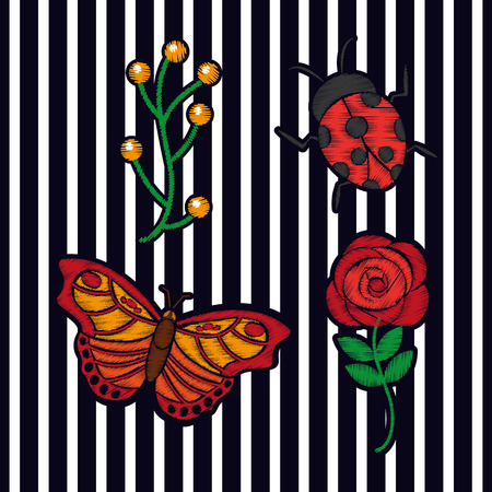 embroidery flower butterfly bee and ladybug arrangement fashion print textile stripes background vector illustrationのイラスト素材