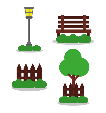 park element decoration lamp wooden bench fence tree vector illustrationのイラスト素材