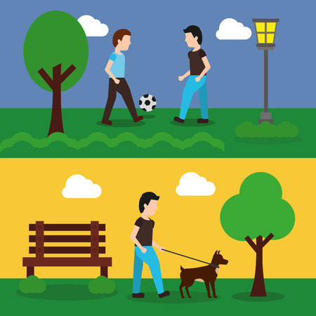 set of banner with scene the people in park playing and walking dog vector illustrationのイラスト素材