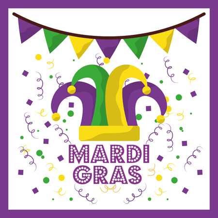 mardi gras jester hat confetti and bunting decoration vector illustrationのイラスト素材