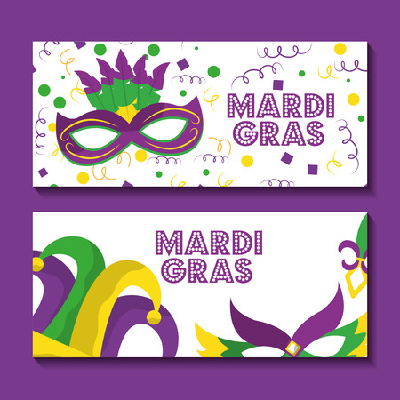 two mardi gras banner greeting card with mask and jester hat design vector illustrationのイラスト素材