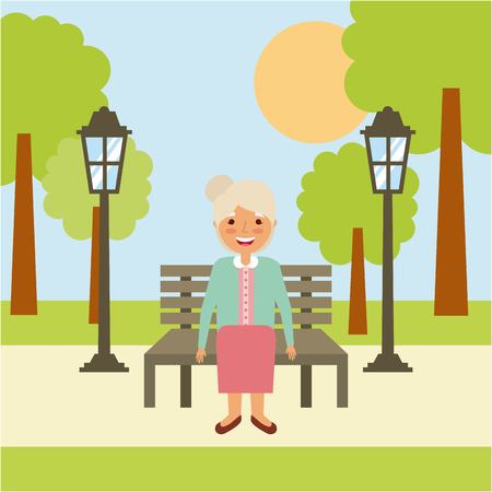 cute grandmother sitting in bench resting happy vector illustrationのイラスト素材