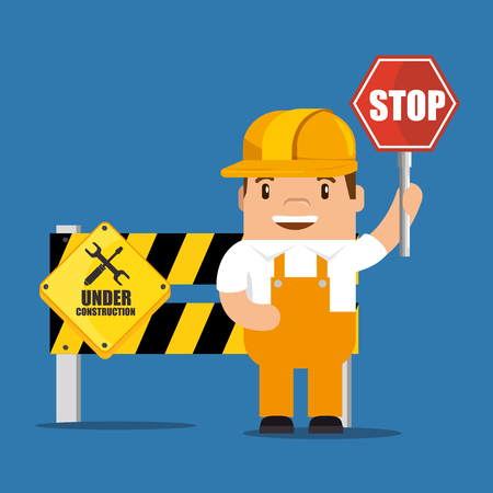 construction worker cartoon holding a construction sign vector illustration graphic designのイラスト素材
