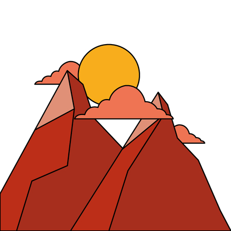 two mountain sun clouds natural land sunset scene vector illustrationのイラスト素材