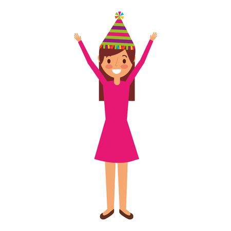 cartoon young girl standing smiling with arms up and birthday hat vector illustrationのイラスト素材