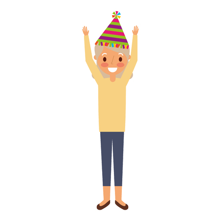 grandma happy wearing birthday hat with arms up vector illustrationのイラスト素材