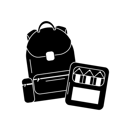 School backpack and color box supplies, vector illustration.のイラスト素材